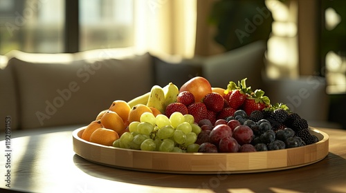 Wallpaper Mural Vibrant and Fresh Assortment of Fruits Displayed on a Wooden Tray in a Modern Setting with Natural Light and Soft Background Torontodigital.ca