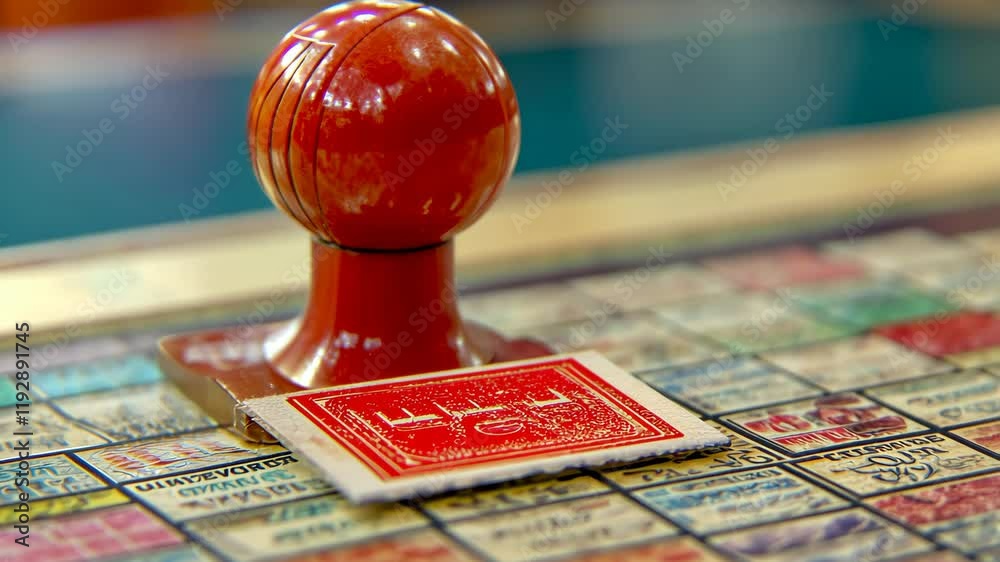 Vintage game board with red token and stamped card in a retro gaming parlor