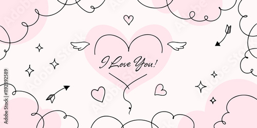 Valentine Day postcard with hand drown doodle heart and clouds, text greeting and invitation, banner, cute holiday event poster. Vector illustration.
