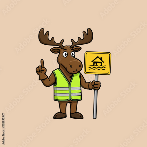 A cartoon moose wearing a safety vest holds a flood warning sign advising of home flood risk.