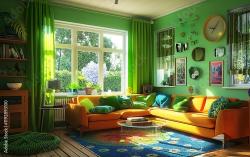 Stylish bright green living room dopamine interior design. Clutter core maximalism aesthetics, cozy, chaotic, busy, vibrant, whimsical abundance, charming joy, eclectic mishmash, organised chaos photo