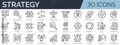 Set of 30 outline icons related to strategy. Linear icon collection. Editable stroke. Vector illustration	 photo