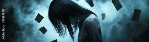 abstract sad theme of bullying, a figure with head down, isolated in a dark background, surrounded by hurtful symbols and voices