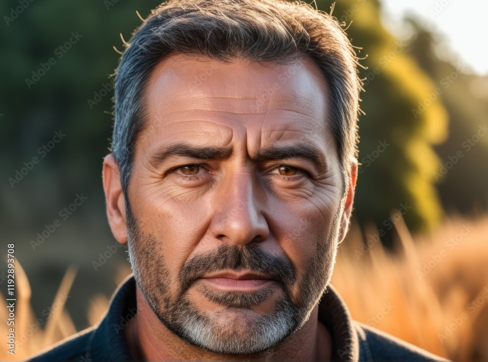 Strong man stands confidently in a sunlit field during the golden hour, showcasing nature's beauty and warm light Strong man stands confidently in a sunlit field during the golden hour, showcasing nature's beauty and warm light