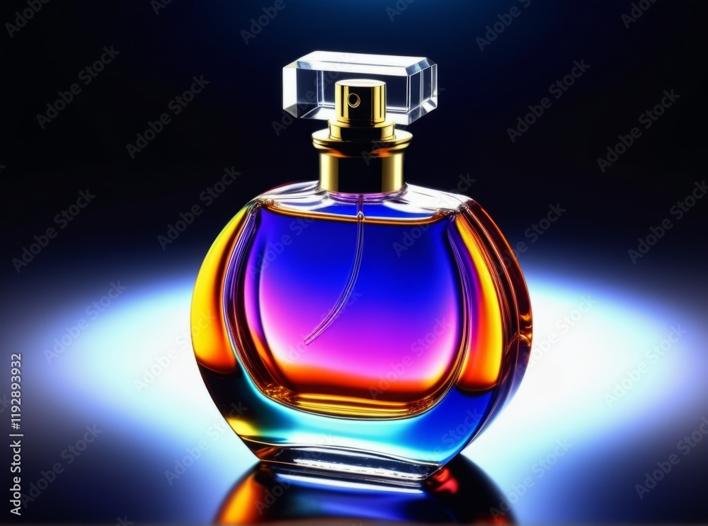 Colorful fragrance bottle with unique design illuminated against a dark background Colorful fragrance bottle with unique design illuminated against a dark background