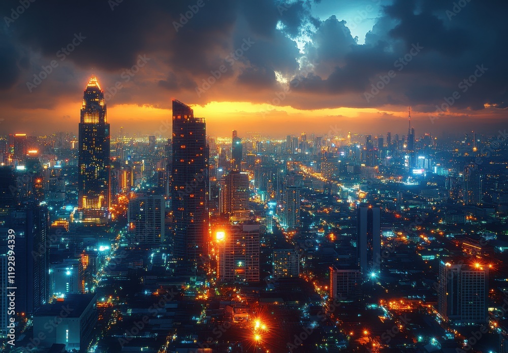Vibrant Urban Skyline at Dusk with Dramatic Cloudscape and Twinkling City Lights, Showcasing a Bustling Metropolis in Stunning Evening Glow Vibrant Urban Skyline at Dusk with Dramatic Cloudscape and Twinkling City Lights, Showcasing a Bustling Metropolis in Stunning Evening Glow