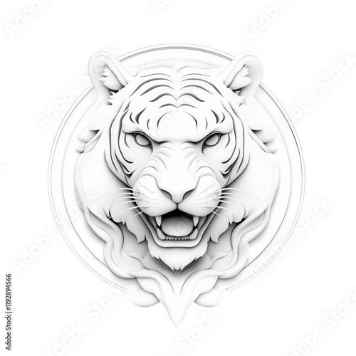 A majestic white tiger sculpture featuring intricate details and fierce expression. photo