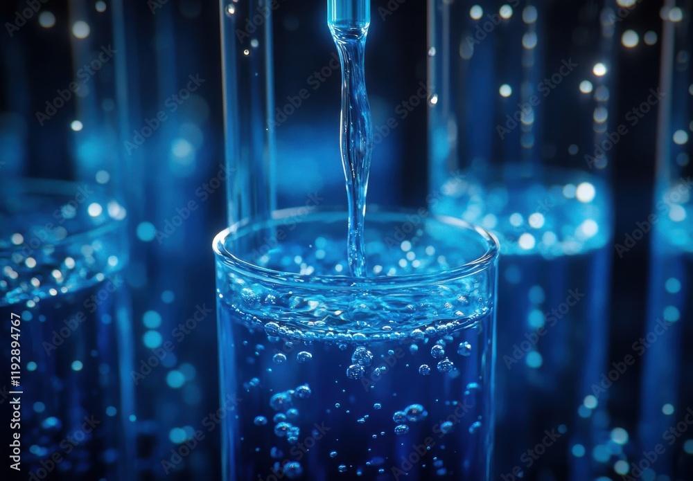 Water Droplets Fall Into Clear Glasses Creating Bubbles and Reflections in Bright Shades of Blue and Sparkling Lights, Perfect for Science Themes and Refreshing Concepts Water Droplets Fall Into Clear Glasses Creating Bubbles and Reflections in Bright Shades of Blue and Sparkling Lights, Perfect for Science Themes and Refreshing Concepts