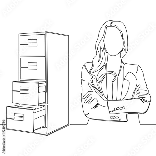 Continuous one single line drawing Female professional accountant and office filing cabinet icon vector illustration concept
