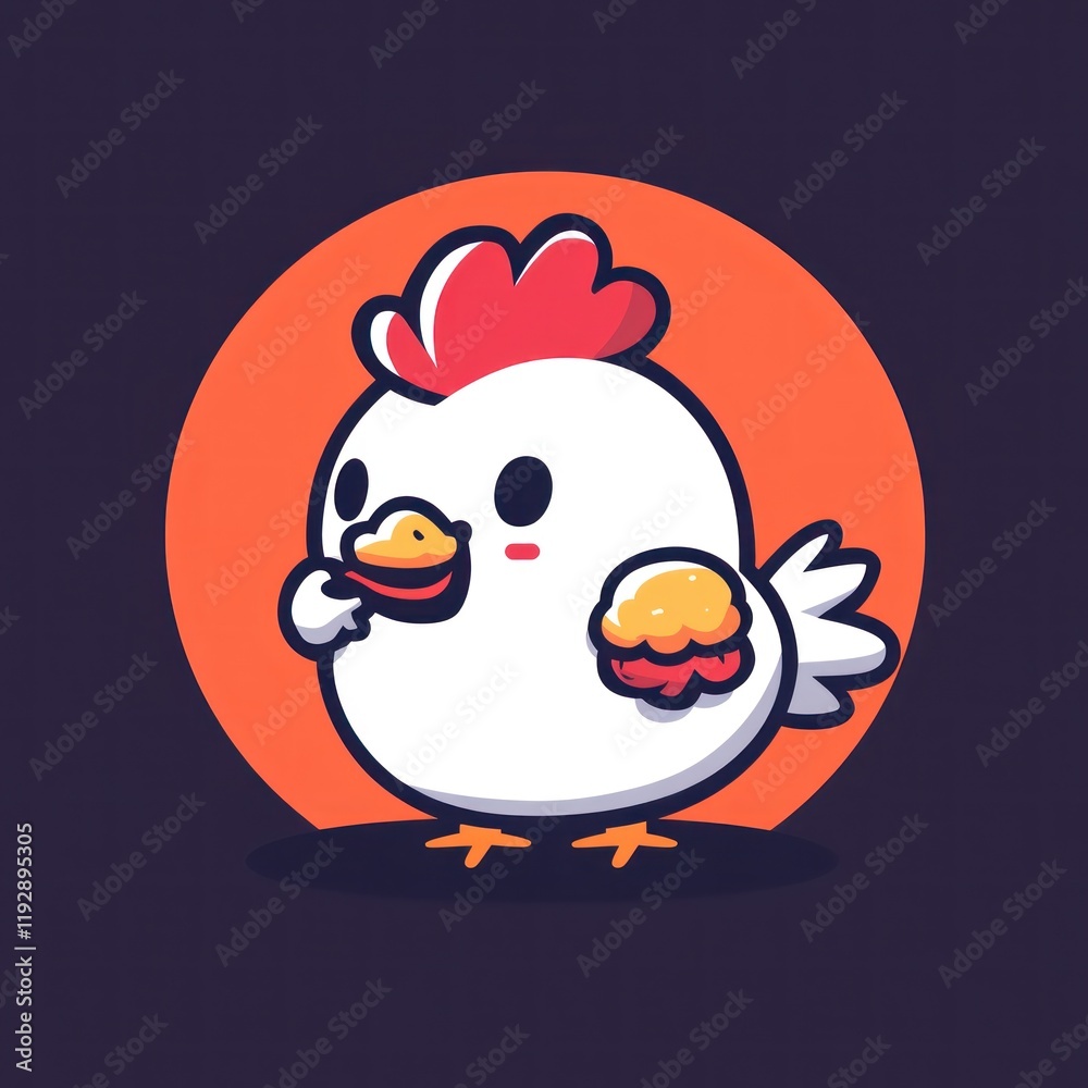 Cute cartoon chicken eating, sunset background, logo design