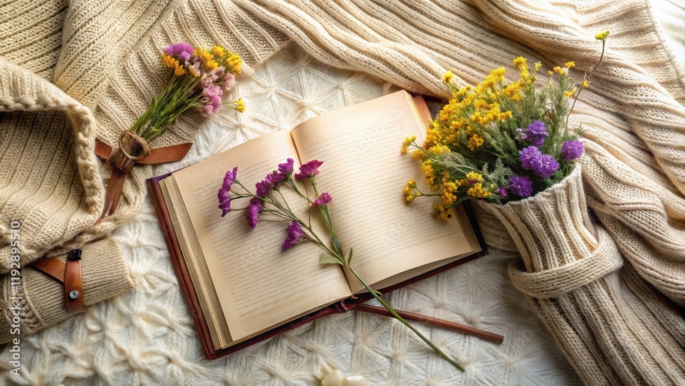 Obraz premium Cozy Autumn Scene Open Book, Knitwear, and Wildflowers