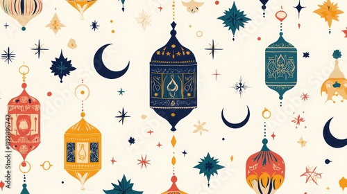 Elegant Islamic lanterns and crescent moons create a festive and cultural wallpaper pattern photo