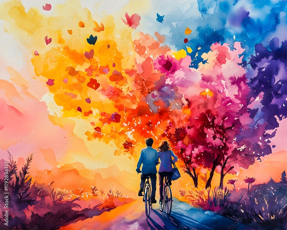 Fototapeta premium A romantic scene of lovers riding a bicycle through a serene pastel countryside, surrounded by soft colors and dreamy landscapes.