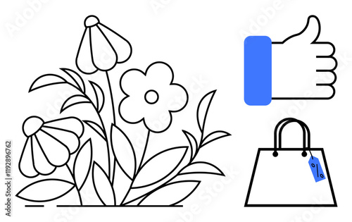 Thumbs up gesture, shopping bag with a tag, and blooming flowers. Ideal for online shopping, customer satisfaction, eco-friendly products, positive feedback, floral arrangements, retail digital