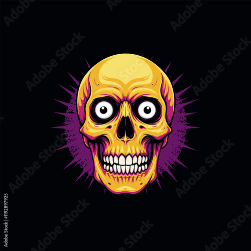 A stylized illustration of a golden skull with exaggerated features against a dark purple background.