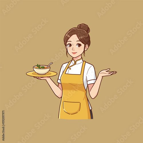 A cartoon illustration of a smiling young female chef in a yellow apron presenting a bowl of soup.