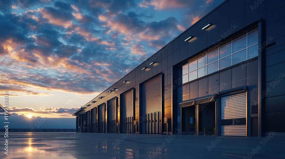 A large modern warehouse with several doors and a garage door A large modern warehouse with several doors and a garage door