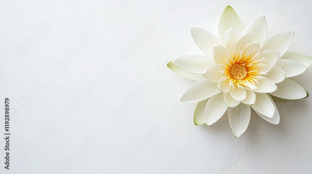 Obraz premium Serene White Water Lily Blooming on a Soft White Surface, Symbolizing Purity and Tranquility with Delicate Petals and Vibrant Center