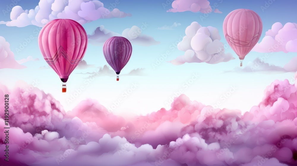 Fototapeta premium Magical Hot Air Balloons Floating Above Dreamy Pink Clouds in a Serene Fantasy Sky