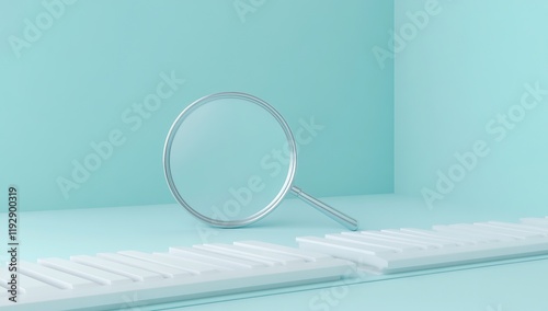 3D render of a silver magnifying glass standing on white keys