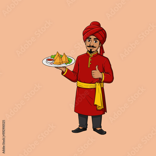 An illustration of a smiling Indian man in traditional attire serving a plate of samosas with a thumbs up gesture.