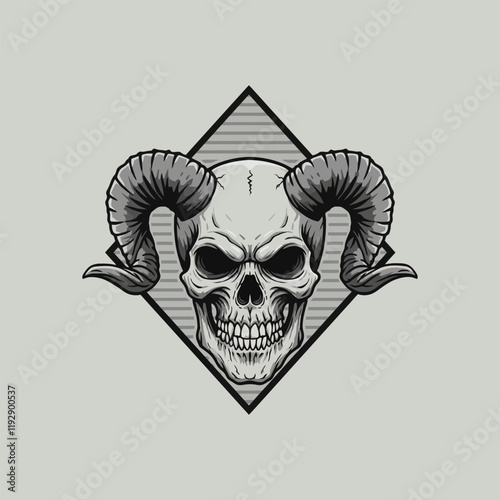 The image shows a detailed illustration of a skull with large curved horns set within a diamond-shaped frame.