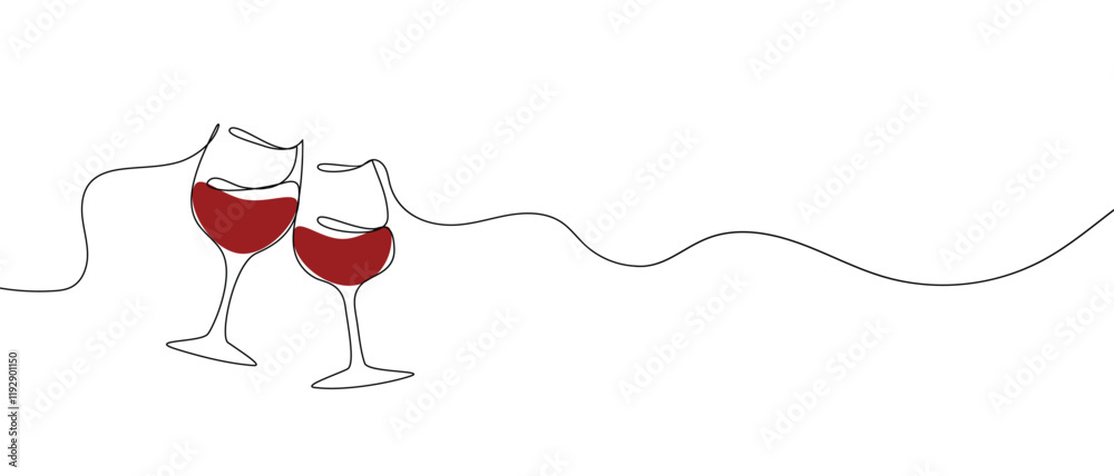 One continuous line of hand-drawn glasses of wine cheering isolated on a white background.