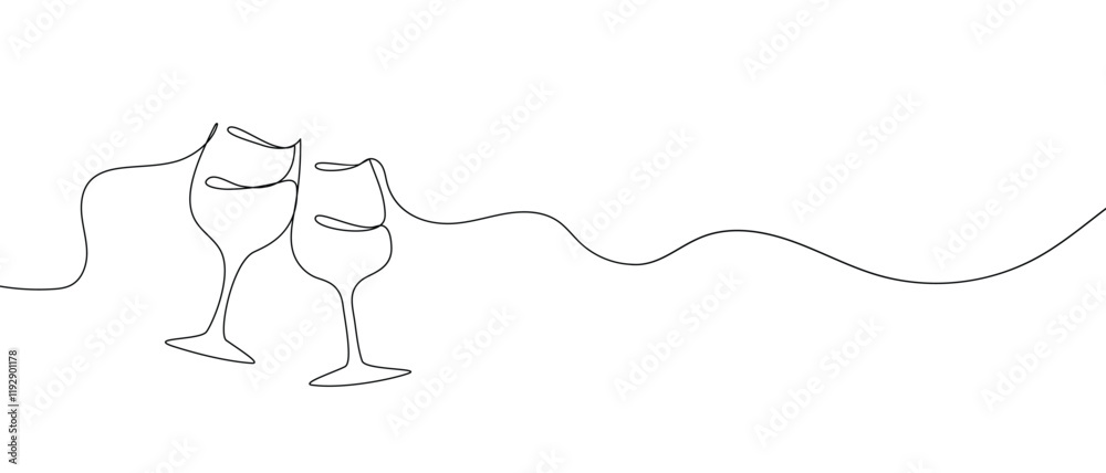 One continuous line of hand-drawn glasses of wine cheering isolated on a white background.
