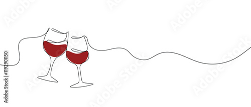 Obraz na płótnie One continuous line of hand-drawn glasses of wine cheering isolated on a white background. w salonie