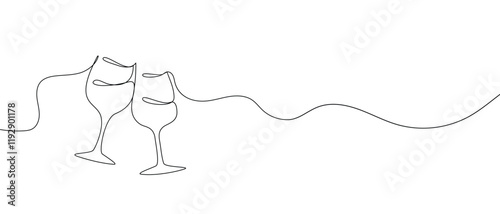 One continuous line of  hand-drawn glasses of wine cheering isolated on a white background.