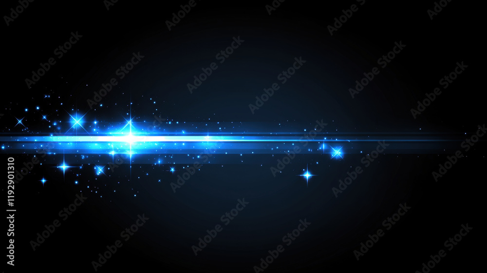 Obraz premium Bright blue light streaks with sparkling stars on dark background create magical atmosphere. This stunning visual can enhance various designs and projects