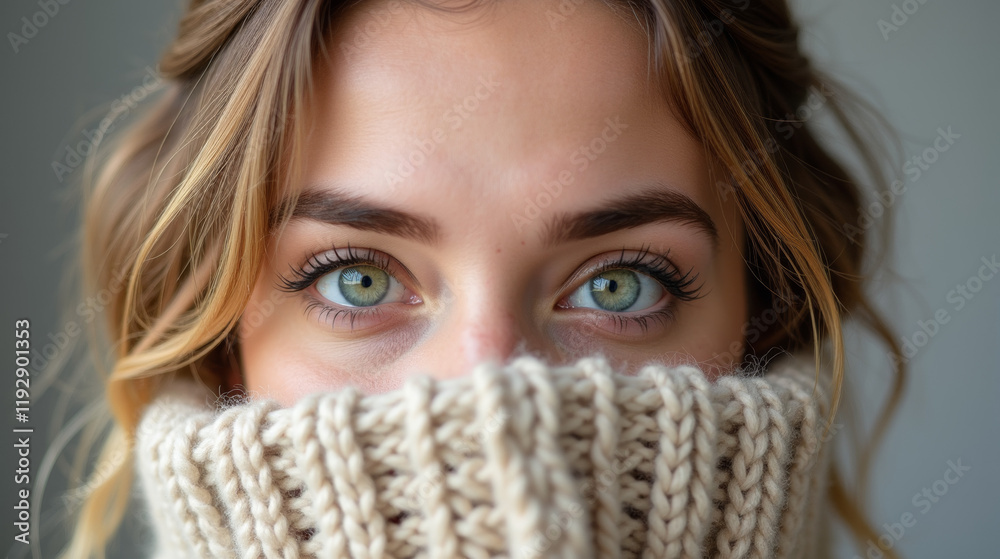 A woman gazes intently, wrapped in a chunky knit sweater that covers half her face, creating a warm and serene atmosphere. A woman gazes intently, wrapped in a chunky knit sweater that covers half her face, creating a warm and serene atmosphere.