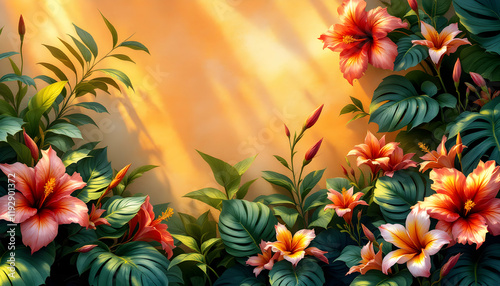 Vibrant Tropical Floral Composition with Hibiscus and Lush Greenery Surrounded by Warm Light