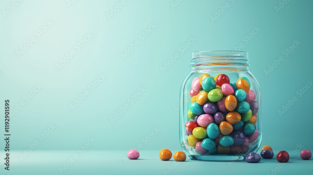 A glass jar filled with colorful candies. A glass jar filled with colorful candies.
