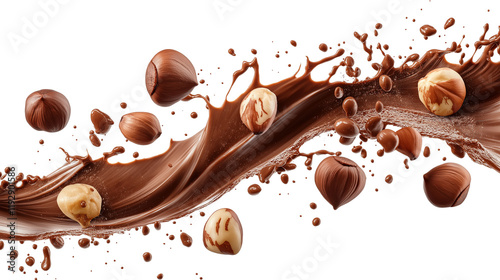 Splash of chocolate with hazelnuts isolated on a transparent or white background