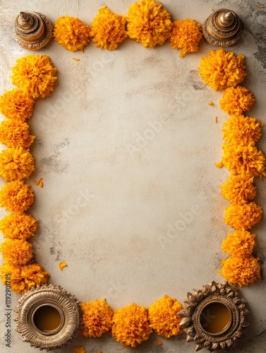 Onam intagram post background with onam ornaments pookolam and marigold garland with empty beige blank space in the middle  photo