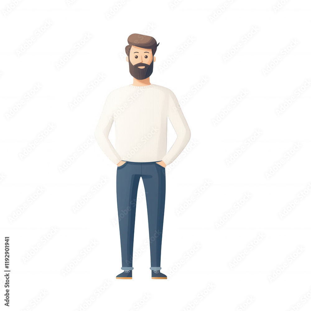 Illustration of a smiling man standing confidently with hands in pockets., isolated on a transparent background. Illustration of a smiling man standing confidently with hands in pockets., isolated on a transparent background.