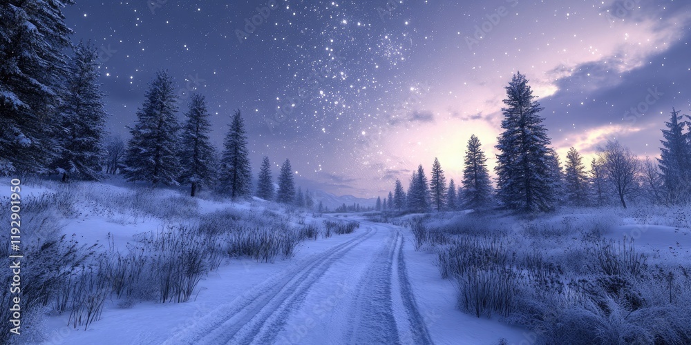 Fototapeta premium Beautiful winter landscape with starry sky, snow-covered road and forest in the background. Winter wonderland with beautiful stars at night. Snowy scene
