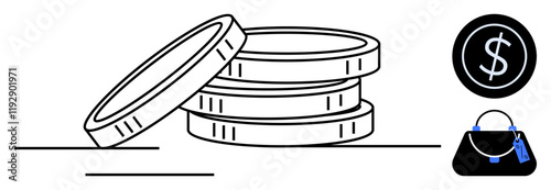 Stacked coins represent wealth accumulation, alongside a dollar sign and handbag symbolizing monetary value and spending. Ideal for finances, savings, investments, budgeting, commerce, wealth