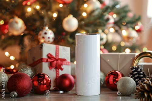 Cozy Christmas Scene with Mug and Holiday Decorations, Tumbler Mockup
