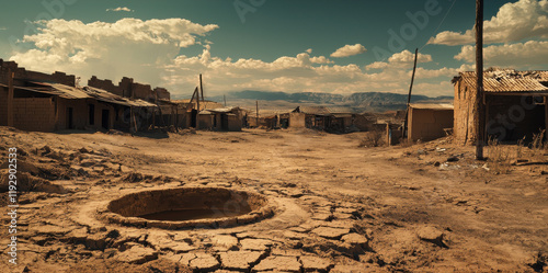 A desolate landscape featuring a dry, cracked ground with an abandoned village in the background. The clear blue sky contrasts with the arid terrain, evoking a sense of isolation.