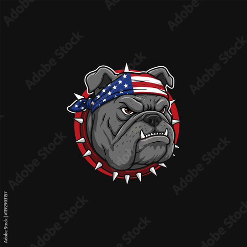 A fierce bulldog head illustration wearing an American flag bandana and a spiked collar against a black background.