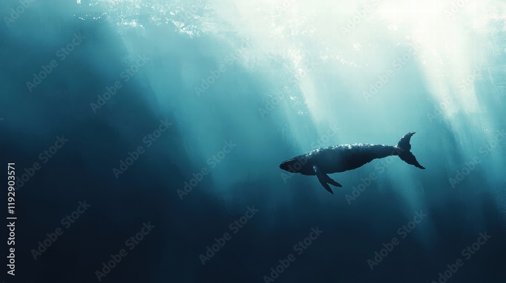 Fototapeta premium Majestic whale gliding through crystal clear ocean depths illuminated by soft sunlight. Generative AI