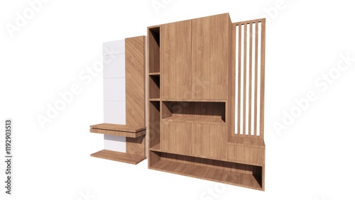  Illustration of a wardrobe with wooden material for a clothes holder on a white background