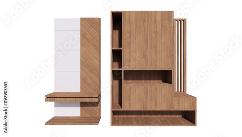  Illustration of a wardrobe with wooden material for a clothes holder on a white background