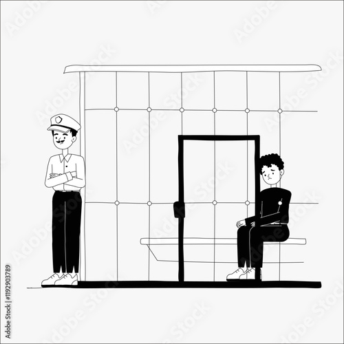 Policeman standing beside man in prison cell in flat vector illustration symbolizing law enforcement, incarceration, and justice system, isolated on white background.
