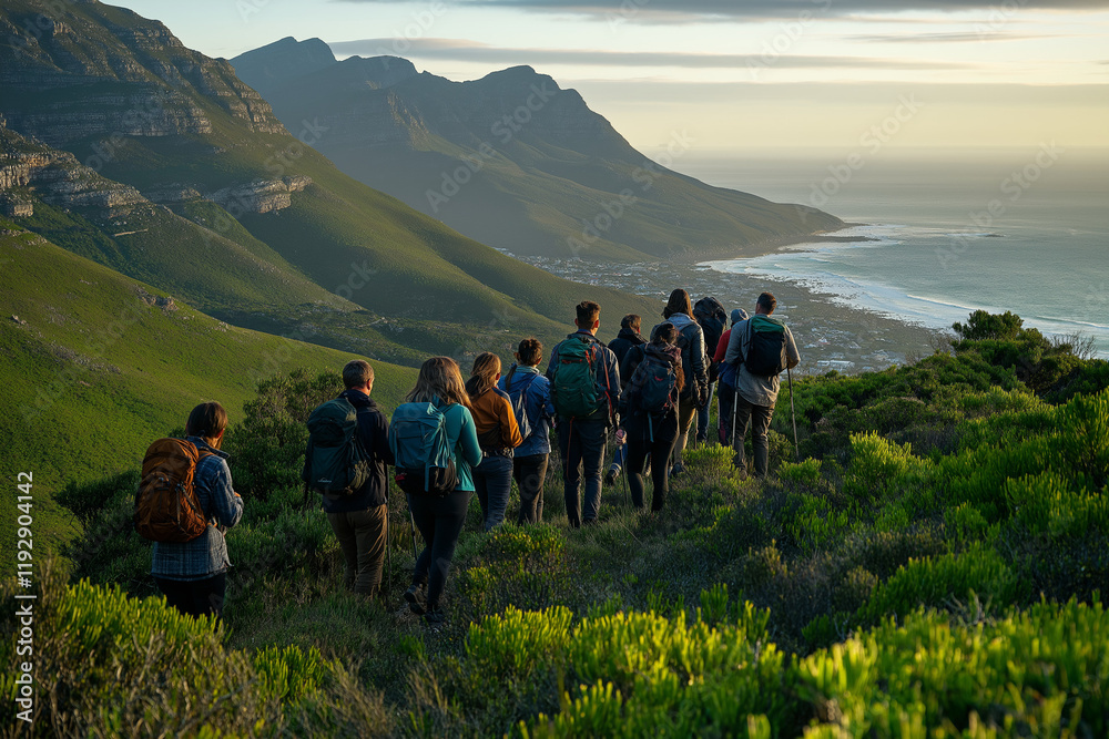 Obraz premium A group hikes a scenic coastal mountain trail in Cape Town, South Africa, enjoying breathtaking views of the ocean and mountains at sunset. Backpacks and trekking poles are visible.