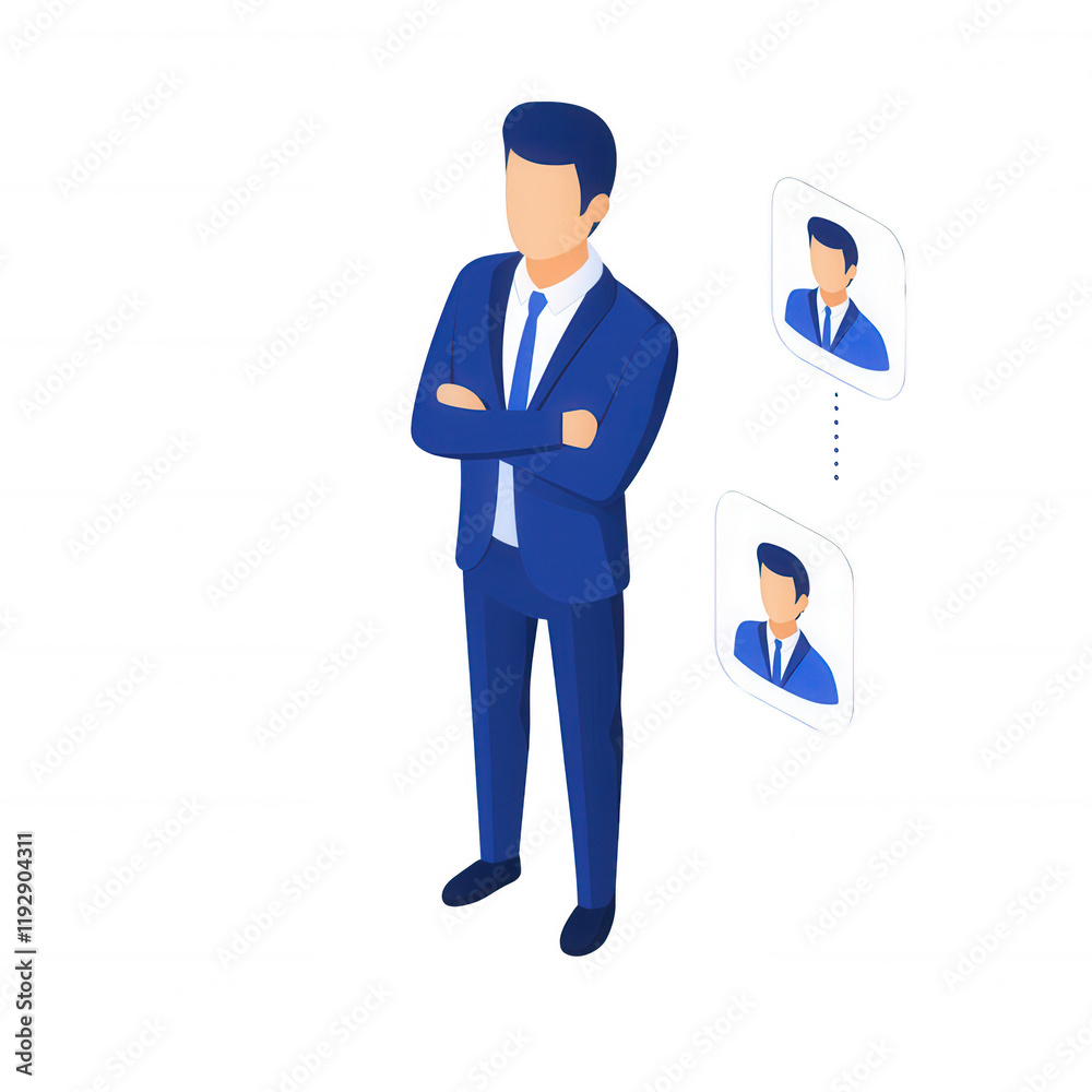 Professional man in a suit standing confidently with thought bubbles., isolated on a transparent background. Professional man in a suit standing confidently with thought bubbles., isolated on a transparent background.