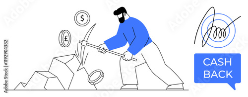 Man digging with a pickaxe, finding coins dollar, euro, pound. Right side shows a cash back badge. Ideal for finance, investment, savings rewards mining cryptocurrency financial growth. Abstract