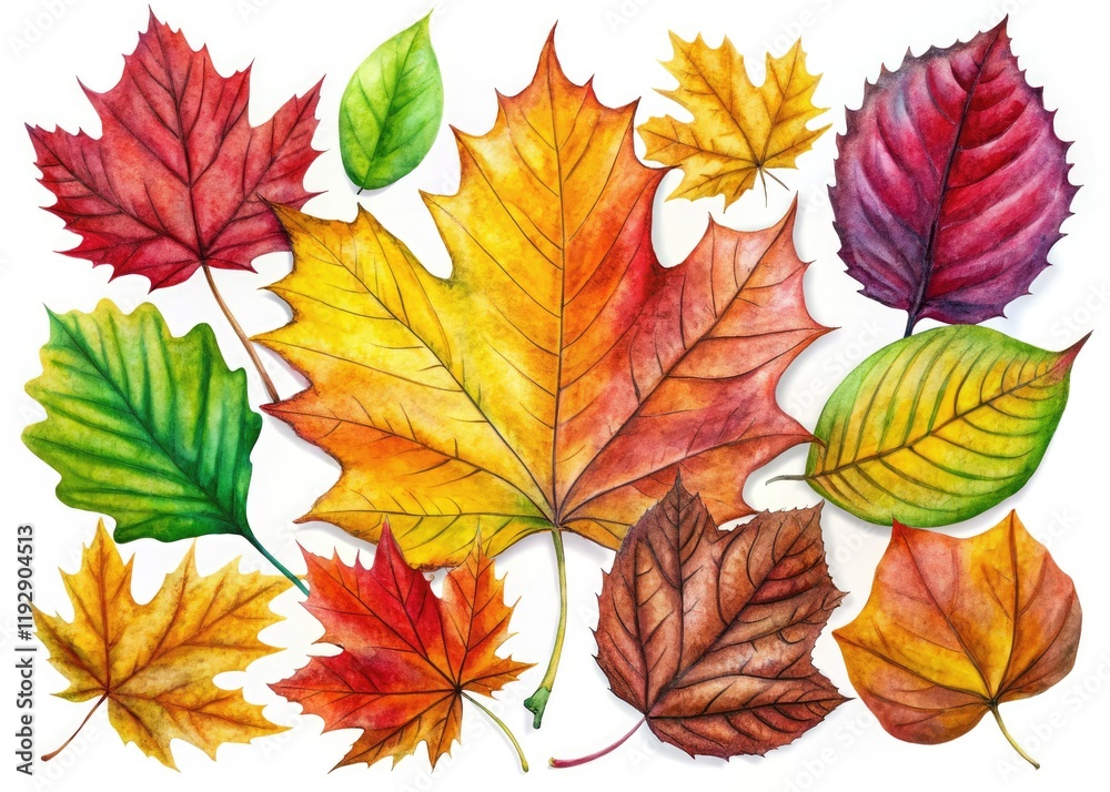 Obraz premium A collection of hand-drawn fall leaves, showcasing colorful foliage illustrations against a white backdrop.
